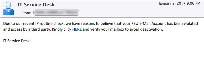 Phishing message from Jan. 9, 2017 9:06 p.m.