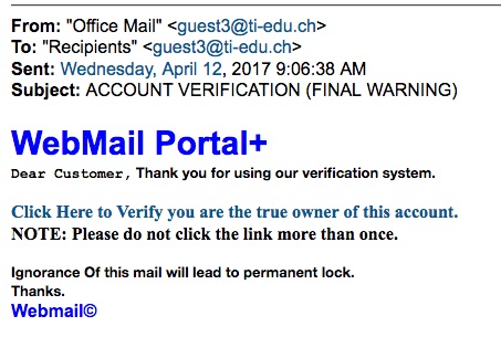 Phishing message from 9:06 a.m. on April 12, 2017